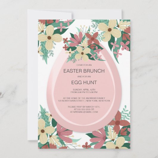Brunch Egg Hunt Roze Bloemen Illustratie Pasen Kaart (Voorkant)
