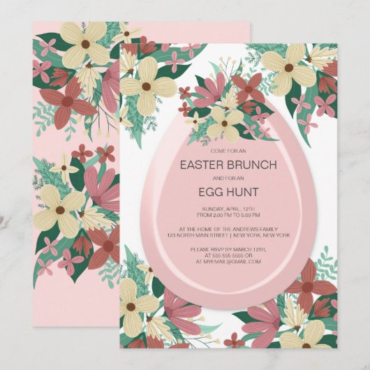 Brunch Egg Hunt Roze Bloemen Illustratie Pasen Kaart (Voorkant / Achterkant)