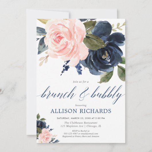 Brunch en Bubbel blush roze en marineblauw Kaart (Voorkant)
