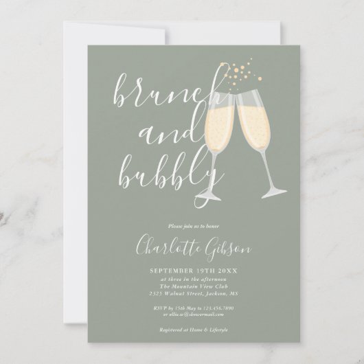 Brunch En Bubbel QR Code Saliegroen Bruiloftsborre Kaart (Voorkant)