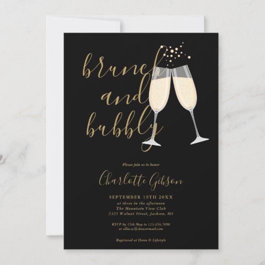 Brunch En Bubbel QR Code Zwart Goud Bruidsfeest Kaart (Voorkant)