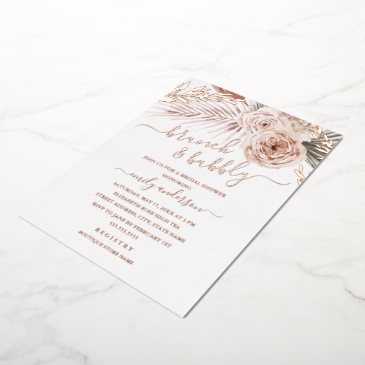 Brunch en bubbelbaar ROOS GOLD FOIL Vrijgezellenfe Folie Uitnodiging (Gedraaid)