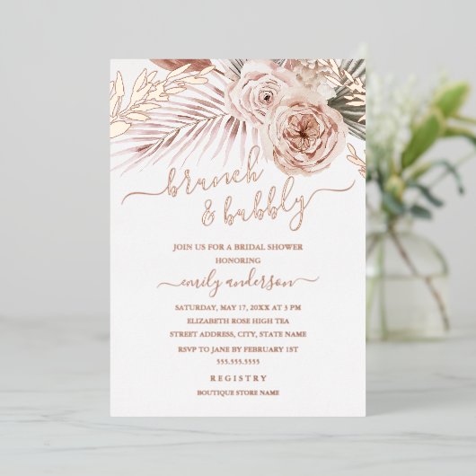 Brunch en bubbelbaar ROOS GOLD FOIL Vrijgezellenfe Folie Uitnodiging (Staand Voorkant)