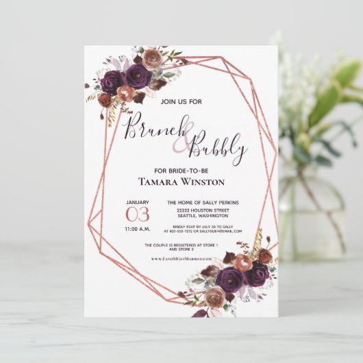 Brunch en bubbelbaar Roos Gold Paarse geometrische Kaart (Staand voorkant)