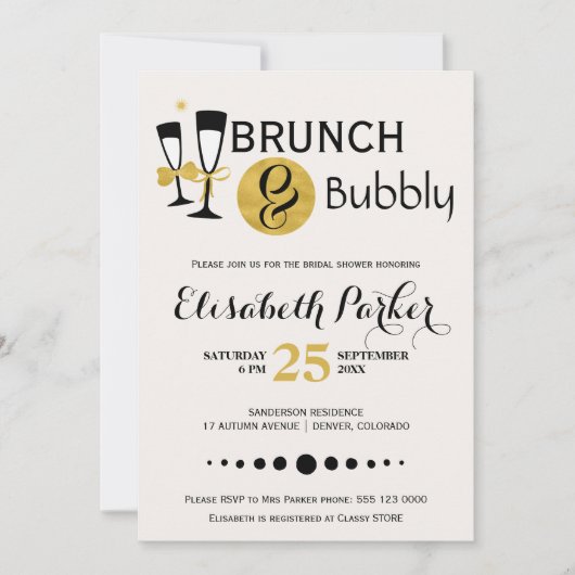 Brunch en bubbelig wit zwart goud vrijgezellenfees kaart (Voorkant)