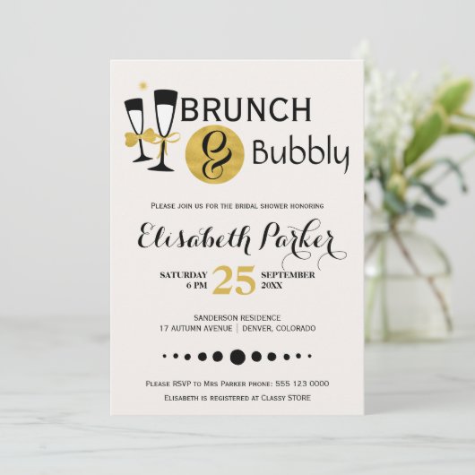 Brunch en bubbelig wit zwart goud vrijgezellenfees kaart (Staand voorkant)