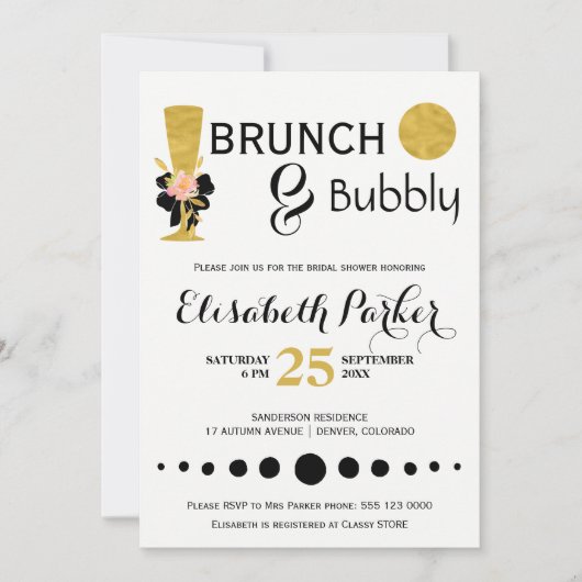 Brunch en bubbelig wit zwart goud vrijgezellenfees kaart (Voorkant)