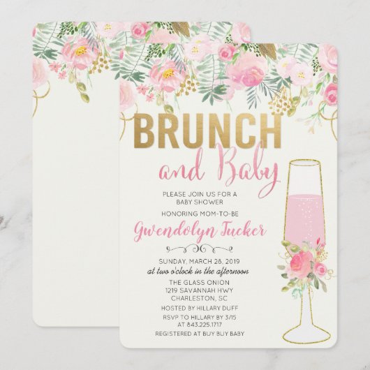 Brunch en bubbels baby shower uitnodiging (Voorkant / Achterkant)