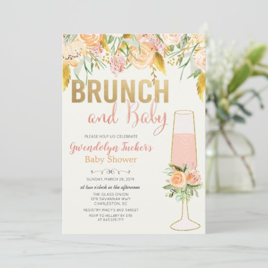 Brunch en bubbels baby shower uitnodiging (Staand voorkant)