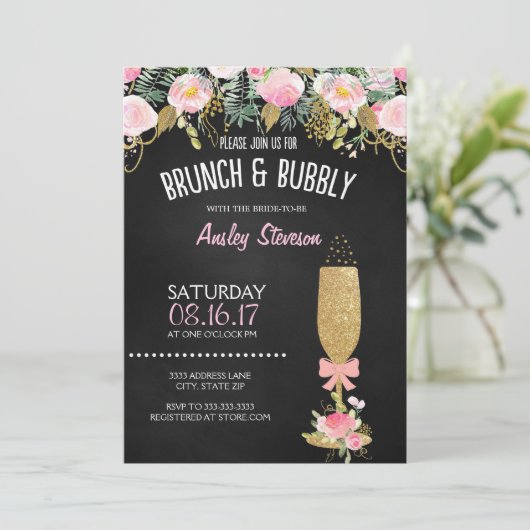 Brunch en bubbels bruids douche uitnodiging glitte (Staand voorkant)