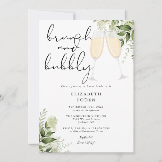 Brunch en bubbels groene bruiloftsborrel kaart (Voorkant)