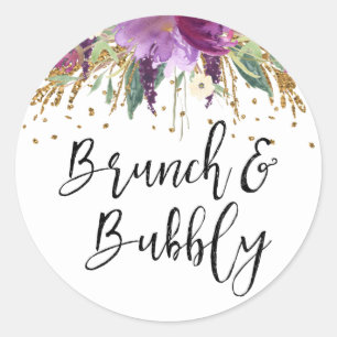 Brunch en bubbels Paarse Amethist Bruiloftsuitnodi Ronde Sticker