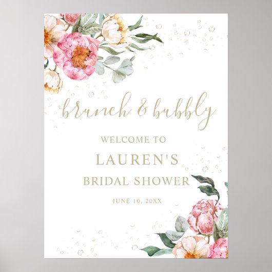 Brunch en bubbels roze bloem bruidsshower bord poster (Voorkant)