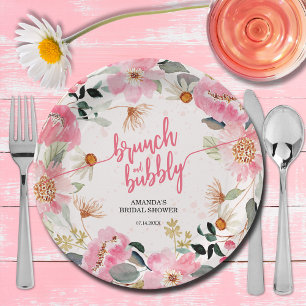 Brunch en bubbels Roze bloemige bruidsdouche Papieren Bordje