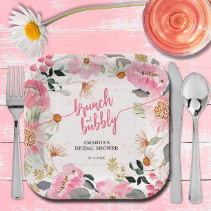 Brunch en bubbels Roze bloemige bruidsdouche Papieren Bordje