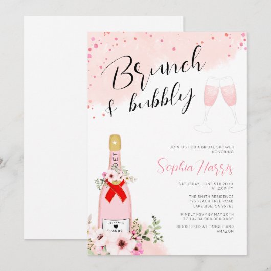 Brunch en bubbels Roze Bruidsdiner Kaart (Voorkant / Achterkant)