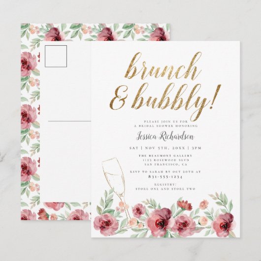 Brunch en bubbels | Waterverf Floral Vrijgezellenf Uitnodiging Briefkaart (Voorkant / Achterkant)