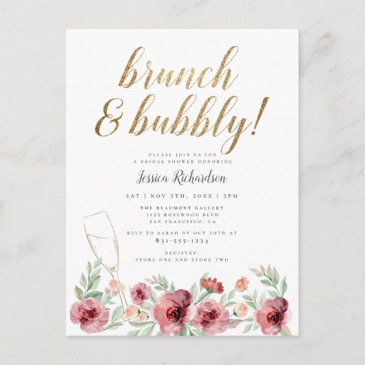 Brunch en bubbels | Waterverf Floral Vrijgezellenf Uitnodiging Briefkaart (Voorkant)