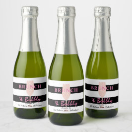 Brunch en bubbels zwart-wit gestreept | Roze Sparkling Wijnetiket