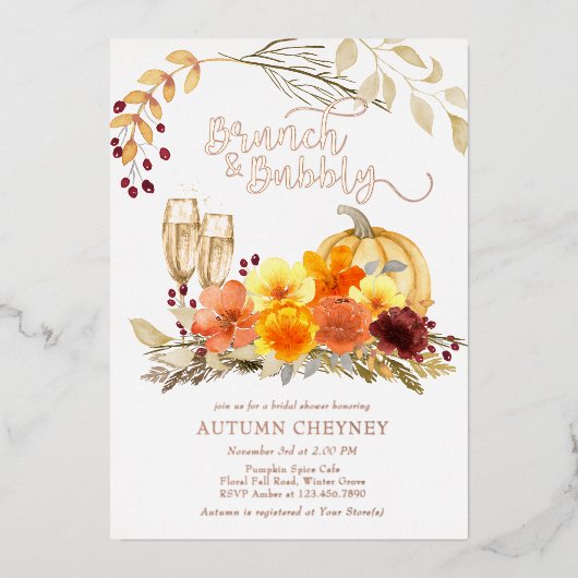 Brunch en Bubble Autumn Vrijgezellenfeest Roos Gol Folie Uitnodiging (Voorkant)