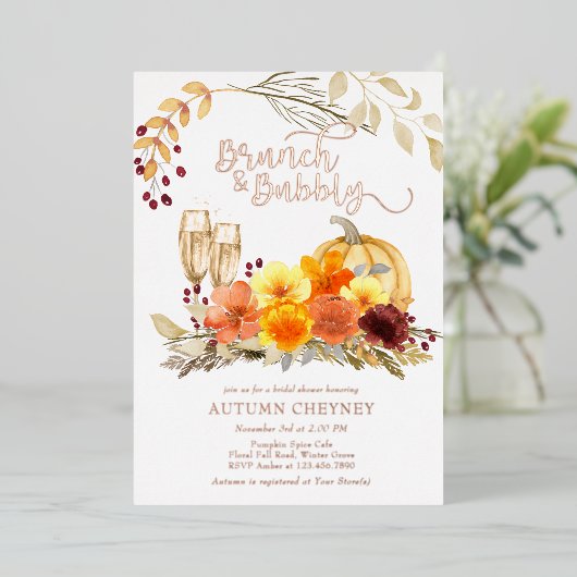 Brunch en Bubble Autumn Vrijgezellenfeest Roos Gol Folie Uitnodiging (Staand Voorkant)
