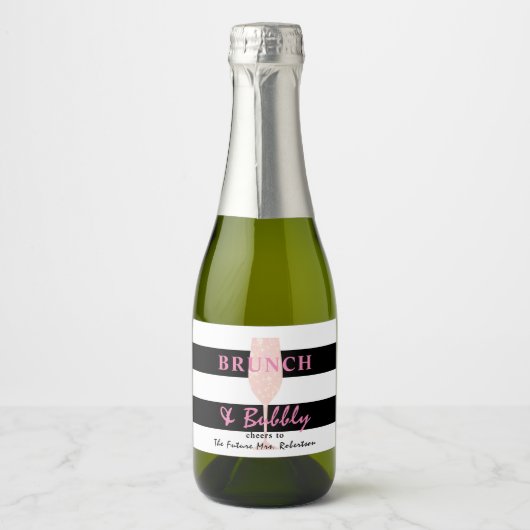 Brunch en Bubble Black en white Stripe | Roze Sparkling Wijnetiket (Voorkant)