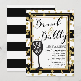 Brunch en Bubble Black White Stripes Gold Confetti Kaart