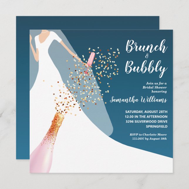 Brunch en Bubble Blauwgroen Bridal Shower Invitati (Voorkant / Achterkant)