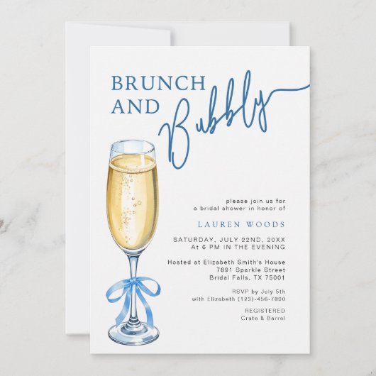 Brunch en Bubble Blue Vrijgezellenfeest Invite Kaart (Voorkant)