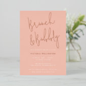 Brunch en Bubble Blush Pink Vrijgezellenfeest Gold Folie Uitnodiging (Staand Voorkant)