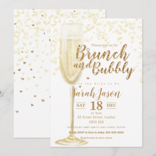 Brunch en Bubble champagne glass glitter Gold Inv Kaart (Voorkant / Achterkant)