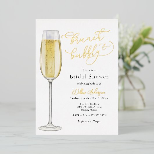 Brunch en Bubble Champagne Vrijgezellenfeest Folie Uitnodiging (Staand Voorkant)