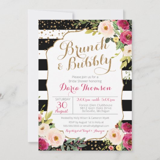 Brunch en Bubble Chic Stripe Floral Vrijgezellenfe Kaart (Voorkant)