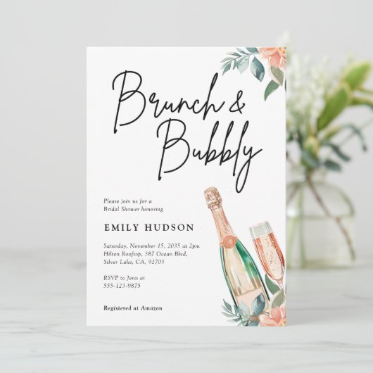 Brunch en Bubble Elegante Bridal Shower Uitnodigin Kaart (Staand voorkant)