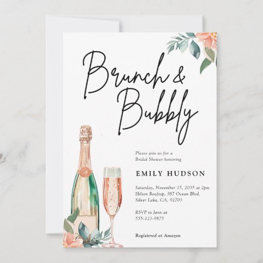 Brunch en Bubble Elegante Bridal Shower Uitnodigin Kaart (Voorkant)