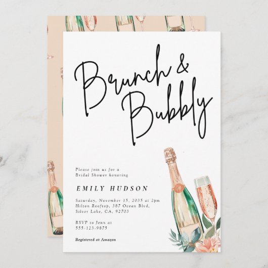 Brunch en Bubble Elegante Bridal Shower Uitnodigin Kaart (Voorkant / Achterkant)