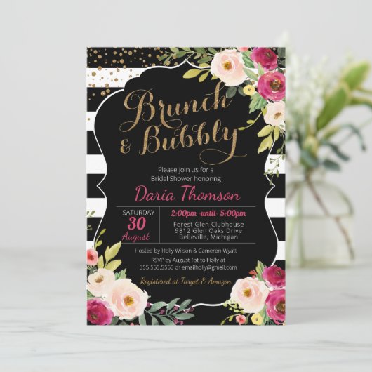 Brunch en Bubble Floral Black White Pink Shower Kaart (Staand voorkant)