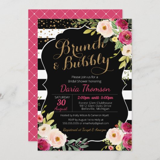 Brunch en Bubble Floral Black White Pink Shower Kaart (Voorkant / Achterkant)
