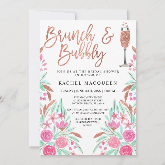 Brunch en Bubble Floral Glitter Vrijgezellenfeest Kaart (Voorkant)