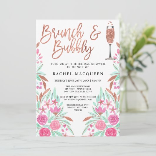 Brunch en Bubble Floral Glitter Vrijgezellenfeest Kaart (Staand voorkant)