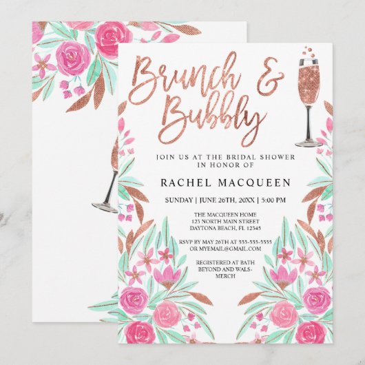 Brunch en Bubble Floral Glitter Vrijgezellenfeest Kaart (Voorkant / Achterkant)