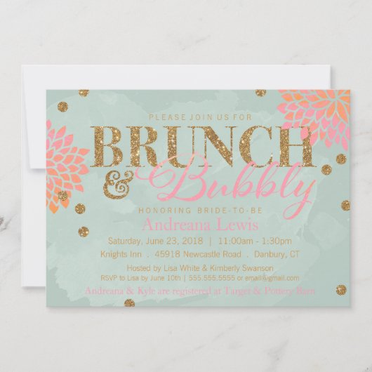 Brunch en Bubble Glitter Waterverf Shower Invite Kaart (Voorkant)