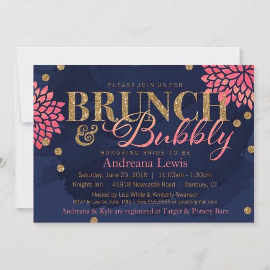 Brunch en Bubble Glitter Waterverf Shower Invite Kaart (Voorkant)