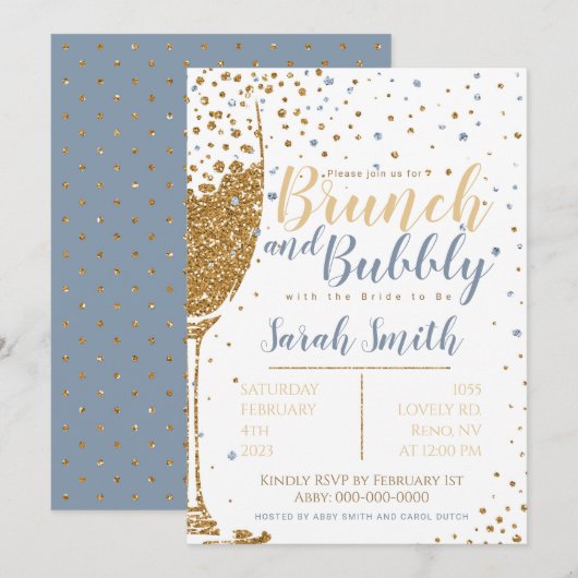 Brunch en Bubble Gold glitter_dusty blue Kaart (Voorkant / Achterkant)