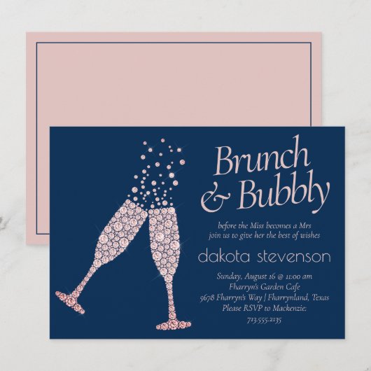 Brunch en Bubble | Navy Blue Blush Pink Shower Kaart (Voorkant / Achterkant)