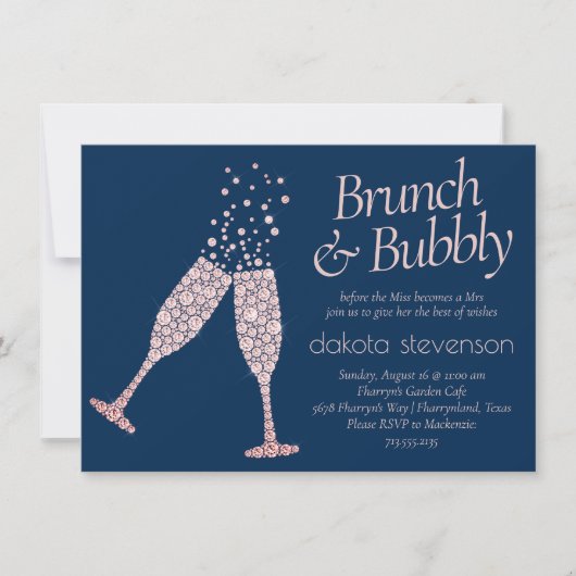 Brunch en Bubble | Navy Blue Blush Pink Shower Kaart (Voorkant)