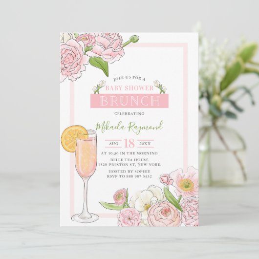 Brunch en Bubble | Roze Floral Baby shower Brunch Kaart (Staand voorkant)