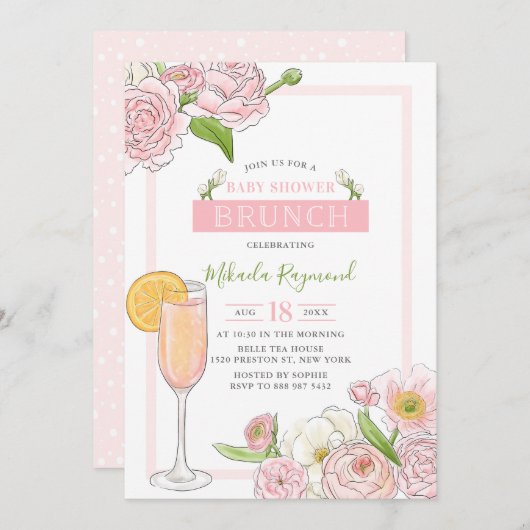 Brunch en Bubble | Roze Floral Baby shower Brunch Kaart (Voorkant / Achterkant)