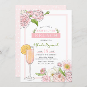 Brunch en Bubble   Roze Floral Baby shower Brunch Kaart