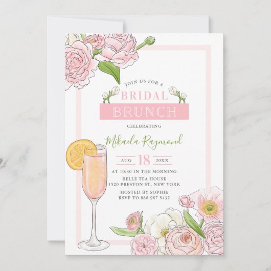 Brunch en Bubble | Roze Floral Bridal Brunch Kaart (Voorkant)